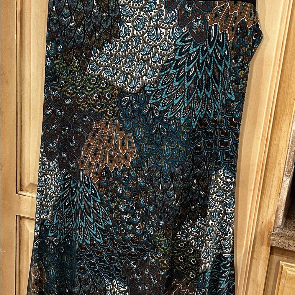 PerSeption Peacock Feather Pattern and Bejeweled Handkerchief Dress L EUC